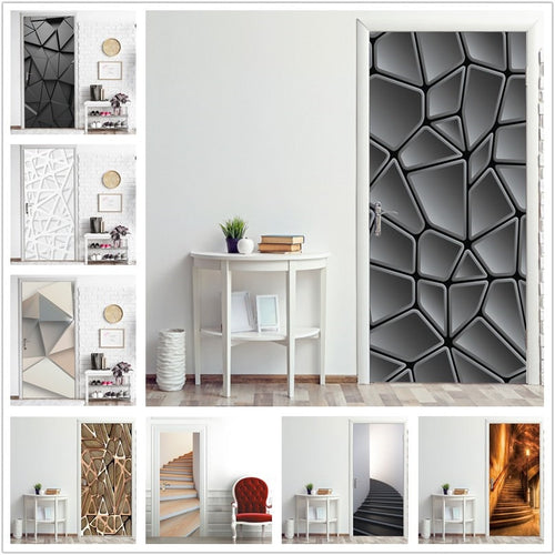 2PCS/Set Simple Geometric Wallpaper On The Door Home Decor Door Stickers Self Stick Stairs Pattern Waterproof Renovation Poster